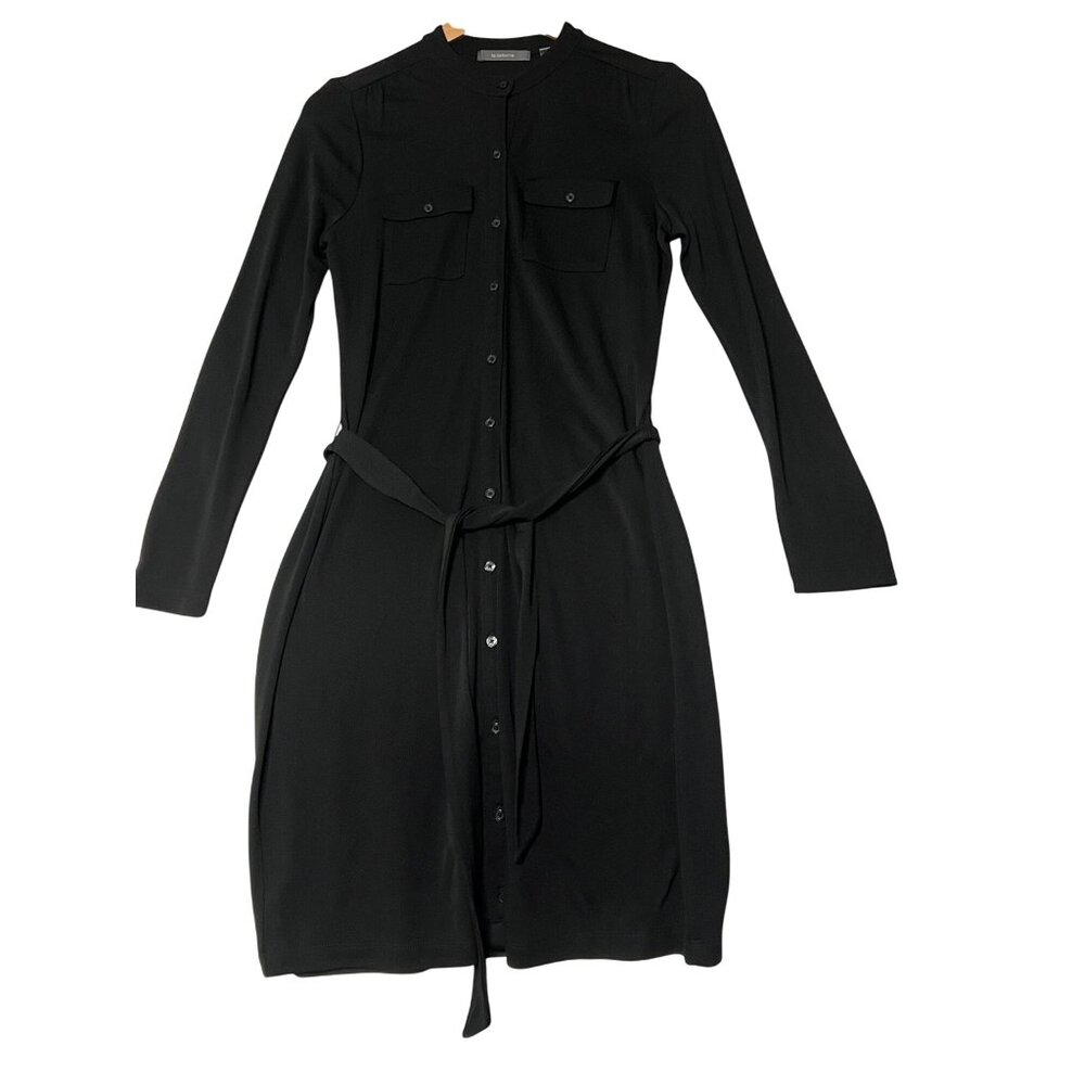 Liz Claiborne Classic Small Black Shirt Dress Tie-Waist Button-Front Long Pocket